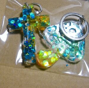 Handmade Glitter Cross /Mushroom Keychain Set - Blue and Green
